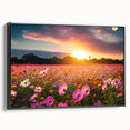 Framed canvas wall art showcasing a serene landscape with rolling fields and vibrant greenery, presented in a sleek black frame, ideal for home decor.