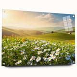 Acrylic wall art design showcasing vibrant landscapes and fields, displayed with pins for easy mounting, perfect for modern home decor.