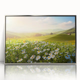 Framed acrylic wall art depicting a serene landscape of golden fields under a blue sky, showcasing vibrant colors and intricate details, perfect for home decor.