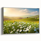 Framed canvas wall art featuring a serene landscape with vibrant fields, showcasing rich green and gold hues, elegantly displayed in a silver frame, perfect for home décor.