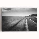 Stretched canvas wall art depicting a vibrant landscape field design, showcasing lush green fields and a blue sky, perfect for home decor.