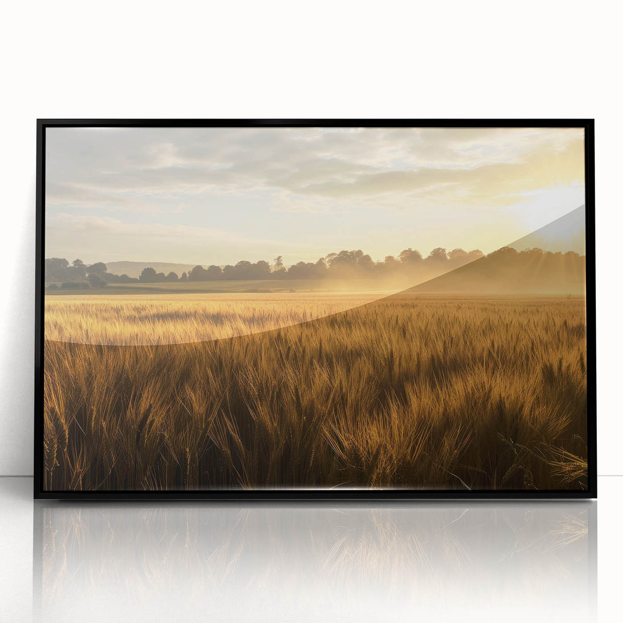 Framed acrylic wall art featuring a vibrant landscape design with fields and nature elements, showcased in a sleek black frame, ideal for modern decor.