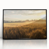 Framed acrylic wall art featuring a vibrant landscape design with fields and nature elements, showcased in a sleek black frame, ideal for modern decor.