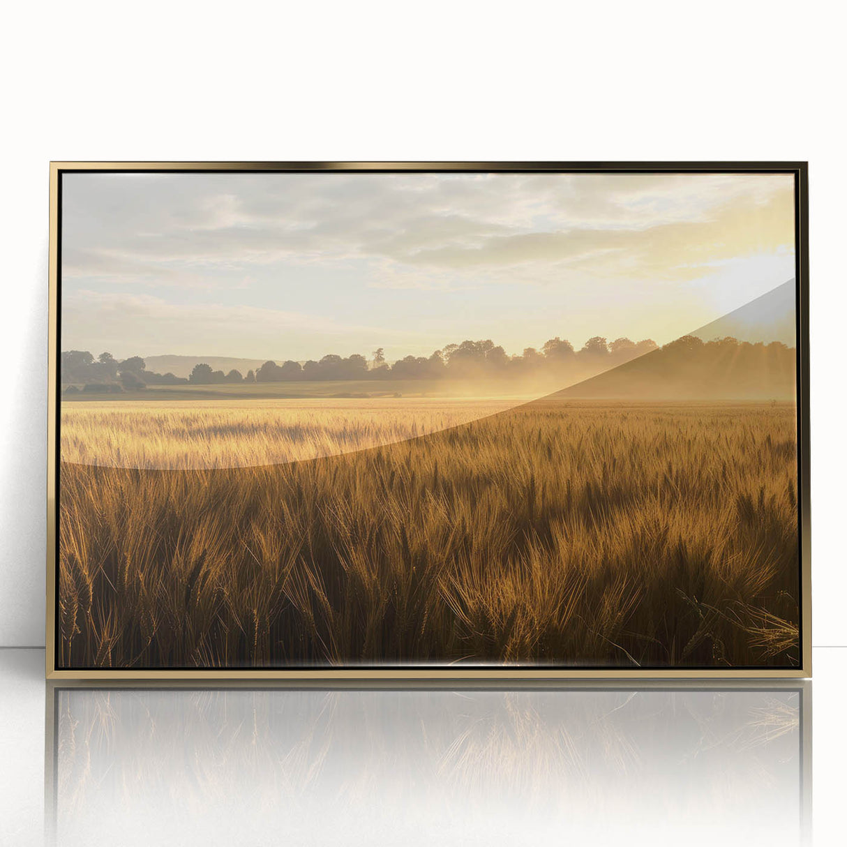 Framed acrylic wall art depicting vibrant abstract landscapes with golden accents, ideal for modern home decor. Perfect for adding elegance to any room.
