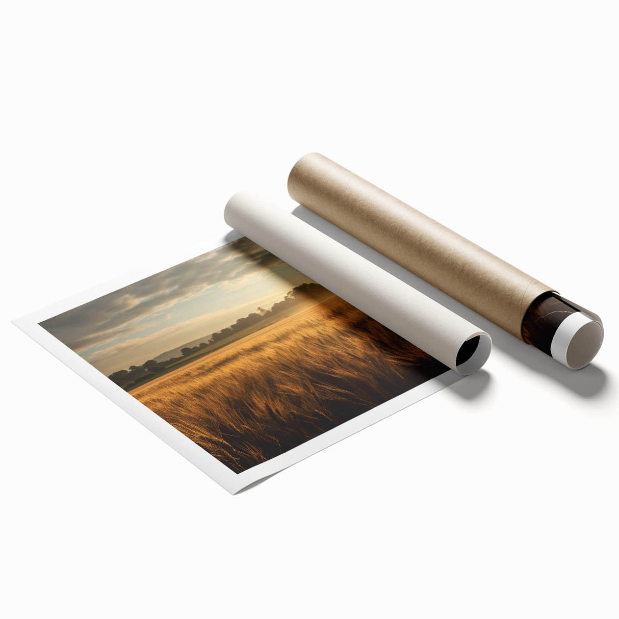Vibrant rolled print of a lush landscape featuring rolling green fields under a bright blue sky, ideal for home decor or office art collections.