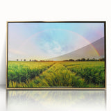 Framed wall art featuring a scenic landscape with vibrant green fields and golden accents, showcasing a modern design. Perfect for home decor enhancement.