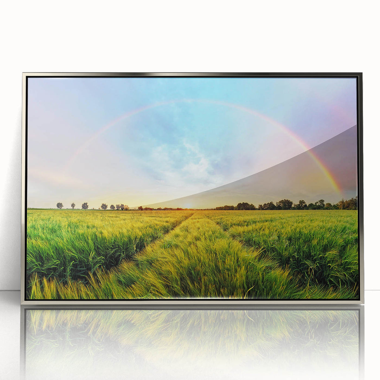 Framed wall art from the Landscapes Fields Design collection, showcasing a serene field scene in vibrant colors, set in a sleek silver frame, perfect for enhancing modern decor.