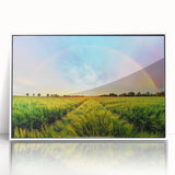 Framed wall art collection showcasing a serene landscape with fields, featuring a white border and acrylic finish, perfect for home decor and aesthetic enhancement.