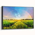 Framed canvas wall art showcasing a scenic landscape design with vibrant fields and a black frame, adding an elegant touch to home decor. Perfect for nature lovers.