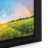 Framed canvas artwork showcasing a vibrant landscape design with lush green fields and a serene sky, perfect for enhancing home decor or office spaces.