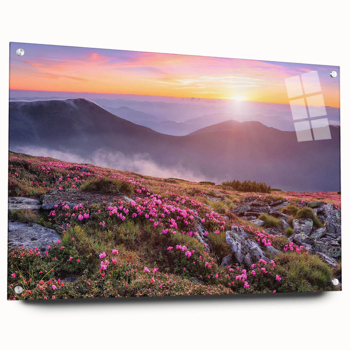 Acrylic glass wall art piece showcasing a vibrant landscape design with fields in various shades of green and gold, displayed side view with decorative pins.