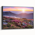 Framed canvas wall art showcasing a serene landscape design with vibrant fields, set against a sleek black frame, perfect for modern home decor.