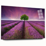 Acrylic glass wall art showcasing a vibrant landscape design with rolling fields in rich greens and yellows, viewed from the side without pins, perfect for modern decor.