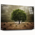Acrylic glass wall art showcasing a vibrant landscape design of fields, viewed from the side with decorative pins, ideal for modern home decor.