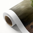 Vibrant rolled canvas artwork depicting a serene landscape with rolling fields and a sunset, showcasing rich greens and warm golds, perfect for home decor.