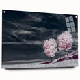Acrylic glass wall art collection showcasing a vibrant landscape design featuring lush green fields. The piece is elegantly displayed from a side view, secured with decorative pins for an artistic touch.