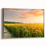 Framed canvas wall art collection showcasing a serene landscape of golden fields, with a stylish gold frame, perfect for home decor that enhances tranquility.