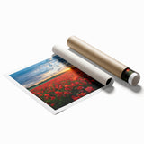 Vibrant landscape wall art print showcasing rolling green fields under a bright blue sky, perfect for home decor or office spaces, emphasizing nature's beauty.