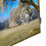 Vibrant close-up of an abstract landscape wall art piece featuring lush green fields and gentle hills, designed with acrylic glass for a modern aesthetic.