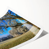 Vibrant rolled canvas print showcasing a serene landscape field design, featuring lush green fields under a clear blue sky, perfect for home decor.