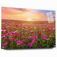 Acrylic glass wall art collection showcasing a vibrant landscape design with colorful fields, displayed in a modern setting with decorative pins for mounting.