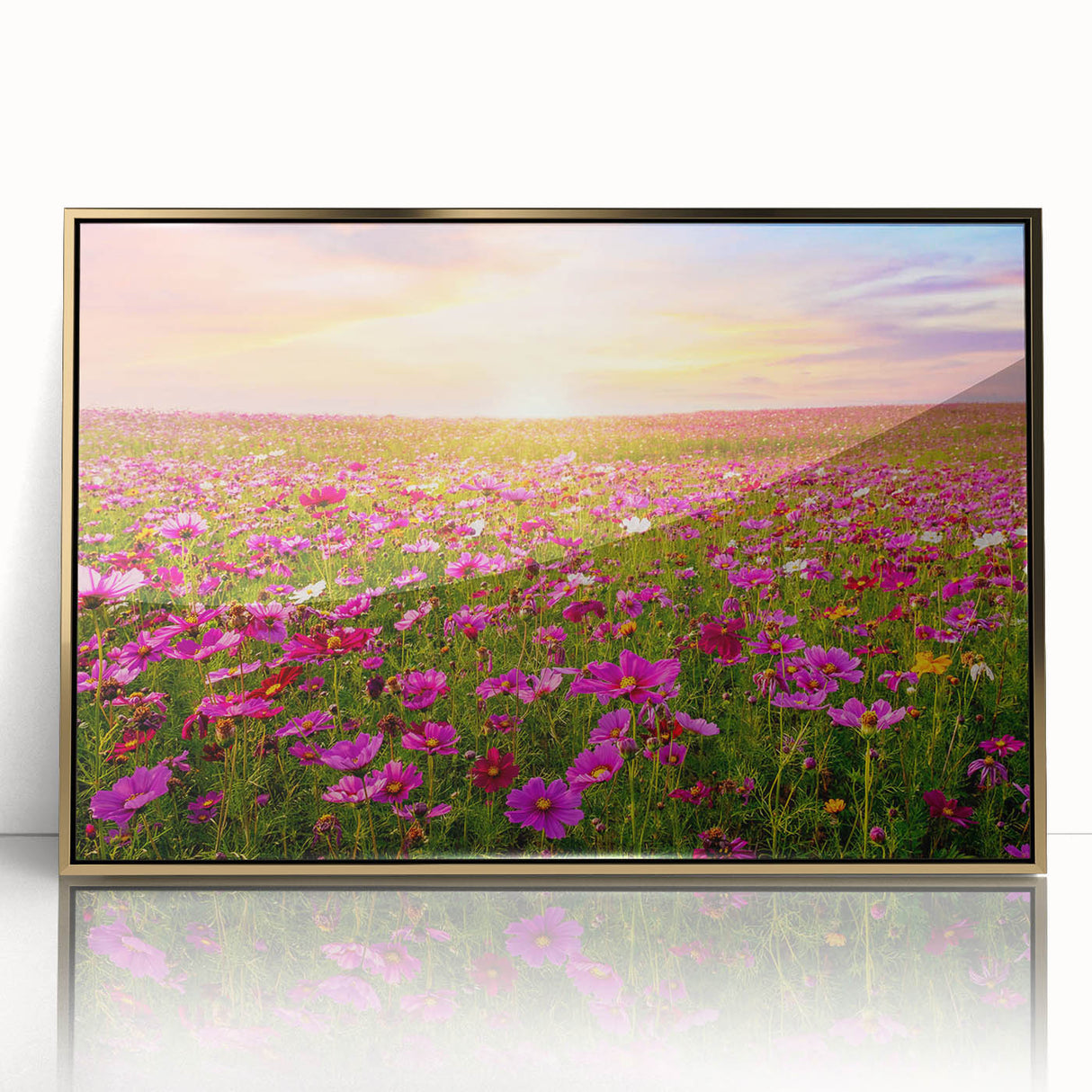 Framed wall art collection featuring a vibrant landscape design with golden accents, showcasing a serene field scene that enhances home decor aesthetics.