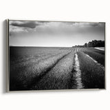Framed canvas wall art featuring a serene landscape of fields, designed with a modern aesthetic and silver accents, ideal for enhancing home decor.