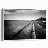 Framed canvas artwork showcasing a serene landscape with vibrant green fields and a clear blue sky, designed for wall decor in modern interiors.