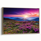 Framed canvas wall art showcasing an elegant landscape with vibrant fields and a gold frame, ideal for enhancing modern home décor.