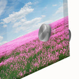 Close-up of a vibrant landscape wall art piece showcasing fields in rich greens and yellows, designed with acrylic glass for a modern aesthetic, perfect for home decor.