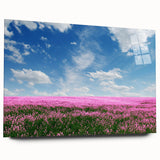 Acrylic wall art piece showcasing a vibrant landscape design with fields and natural elements, viewed from the side against a minimalist backdrop. This artwork adds a touch of nature-inspired decor to any modern space, perfect for enhancing home aesthetics.