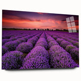 Vibrant acrylic glass wall art featuring a serene landscape of rolling fields and mountains, showcasing rich greens and blues, perfect for enhancing modern interiors.