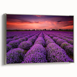Framed canvas wall art showcasing a serene landscape of rolling fields in soft greens and golds, with a sleek silver frame, ideal for modern home decor.
