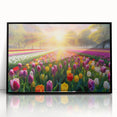 Framed acrylic wall art featuring a vibrant garden landscape design with lush greenery and colorful flowers, presented in a sleek black frame for an elegant touch.