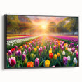 Framed canvas wall art showcasing a serene landscape garden design, featuring vibrant greens and blues, presented in a sleek black frame, ideal for home decor.