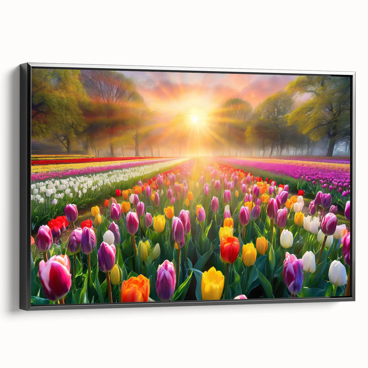 Framed canvas wall art showcasing a serene landscape garden design, featuring vibrant greens and blues, presented in a sleek black frame, ideal for home decor.