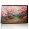 Framed acrylic wall art featuring a vibrant landscape garden design, showcasing lush greenery and colorful flowers, presented in a sleek black frame.