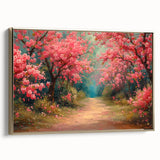 Framed canvas wall art featuring a vibrant landscape garden design, accented with a gold frame, showcasing lush greenery and colorful flowers, ideal for home decor.