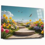 Acrylic glass wall art collection showcasing a stunning landscape and garden design, viewed from the side without pins. Ideal for modern home decor enhancement.