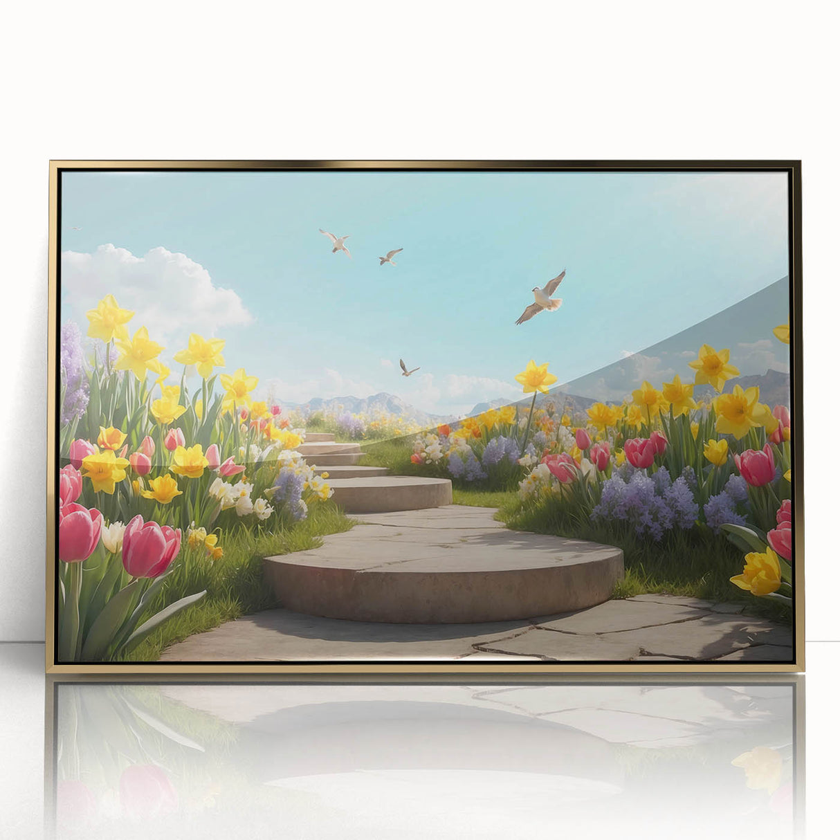 Framed wall art collection showcasing a vibrant landscape and garden design, featuring a gold-accented acrylic front, perfect for enhancing home decor.