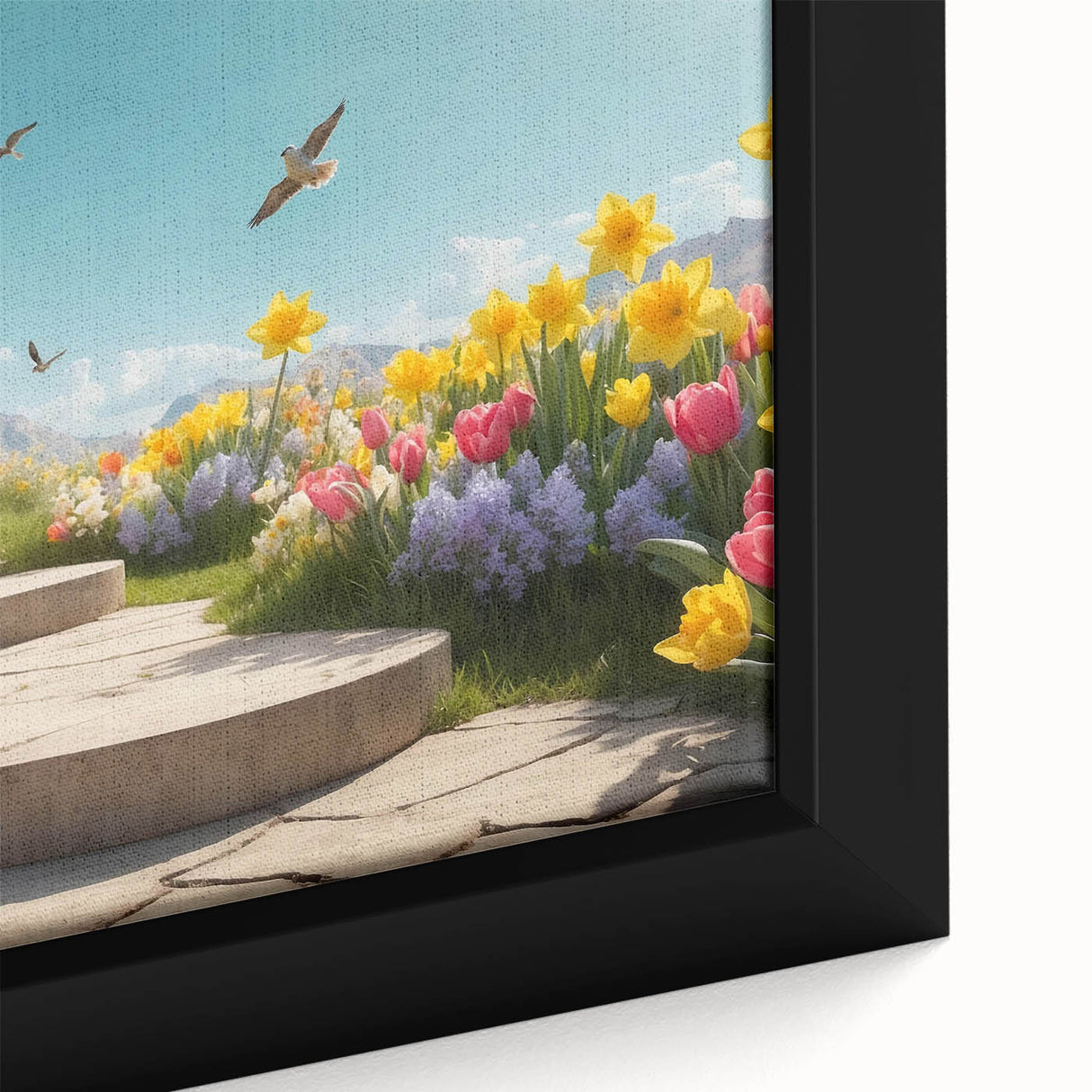 Close-up of a framed canvas wall art featuring a vibrant landscape design with lush greenery and colorful flowers, ideal for home decor enhancement.