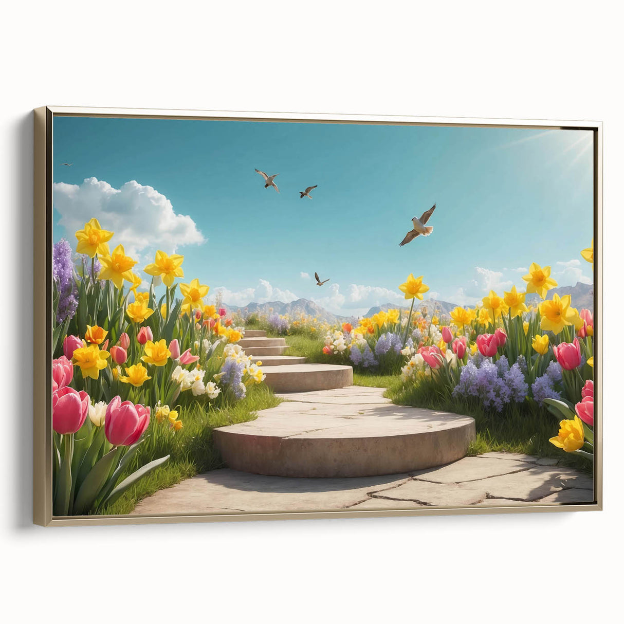 Framed canvas wall art featuring a stunning landscape garden design with vibrant colors and intricate details, presented in a stylish gold frame, ideal for home decor.