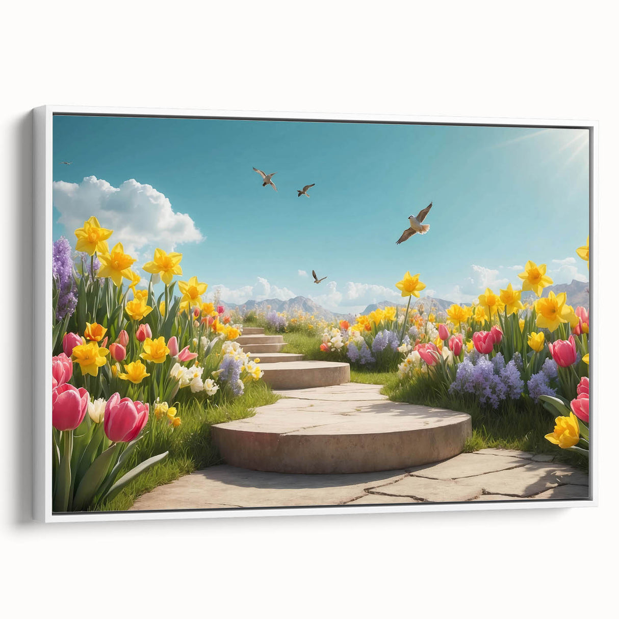 Framed canvas wall art collection showcasing serene landscape and garden designs, displayed at an angle against a white background, emphasizing vibrant colors and intricate details.