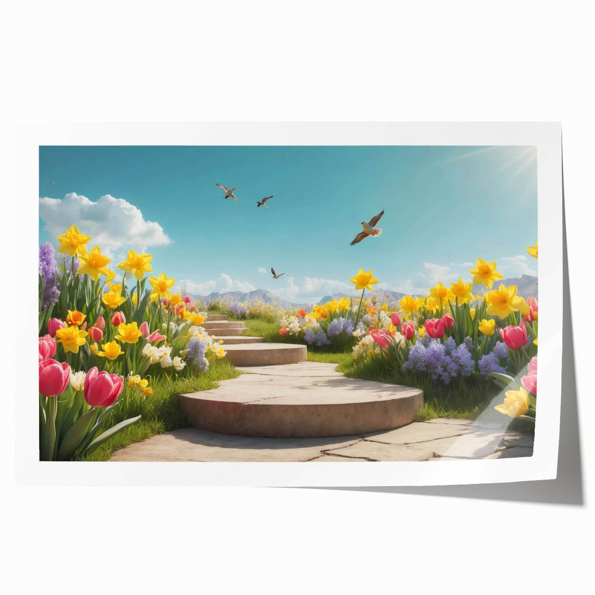 Rolled print showcasing a vibrant landscape garden design featuring lush greenery and colorful flowers, ideal for home decor or art collection.