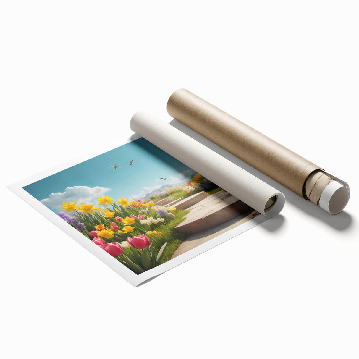 Rolled print showcasing a vibrant landscape garden design, featuring lush greenery and colorful flowers, packaged securely in a protective cardboard tube for art enthusiasts and home decor aficionados.