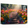 Acrylic glass wall art collection showcasing vibrant landscapes and gardens, featuring a contemporary design with decorative pins, perfect for modern home decor.