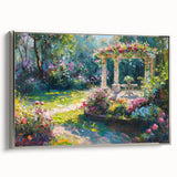 Framed canvas wall art showcasing a serene landscape garden design with vibrant colors and intricate details, displayed from a side perspective against a neutral background. Ideal for adding elegance to home decor.