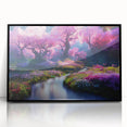 Framed acrylic wall art depicting a vibrant landscape garden design, showcasing lush greenery and colorful flowers, presented in a stylish black frame, perfect for home decor.