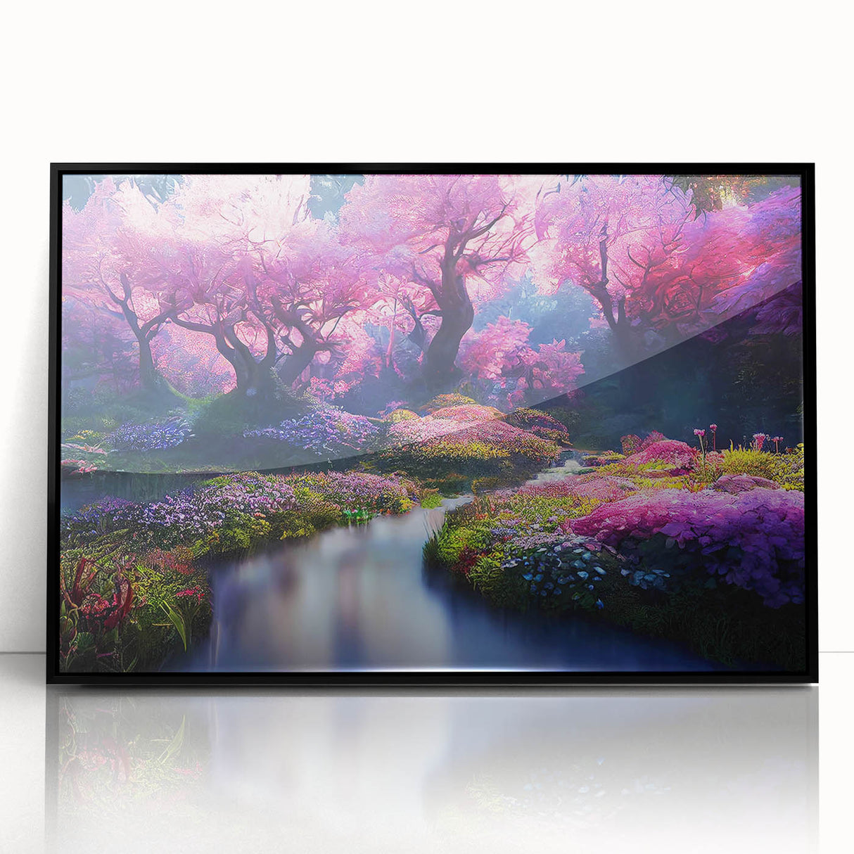 Framed acrylic wall art depicting a vibrant landscape garden design, showcasing lush greenery and colorful flowers, presented in a stylish black frame, perfect for home decor.