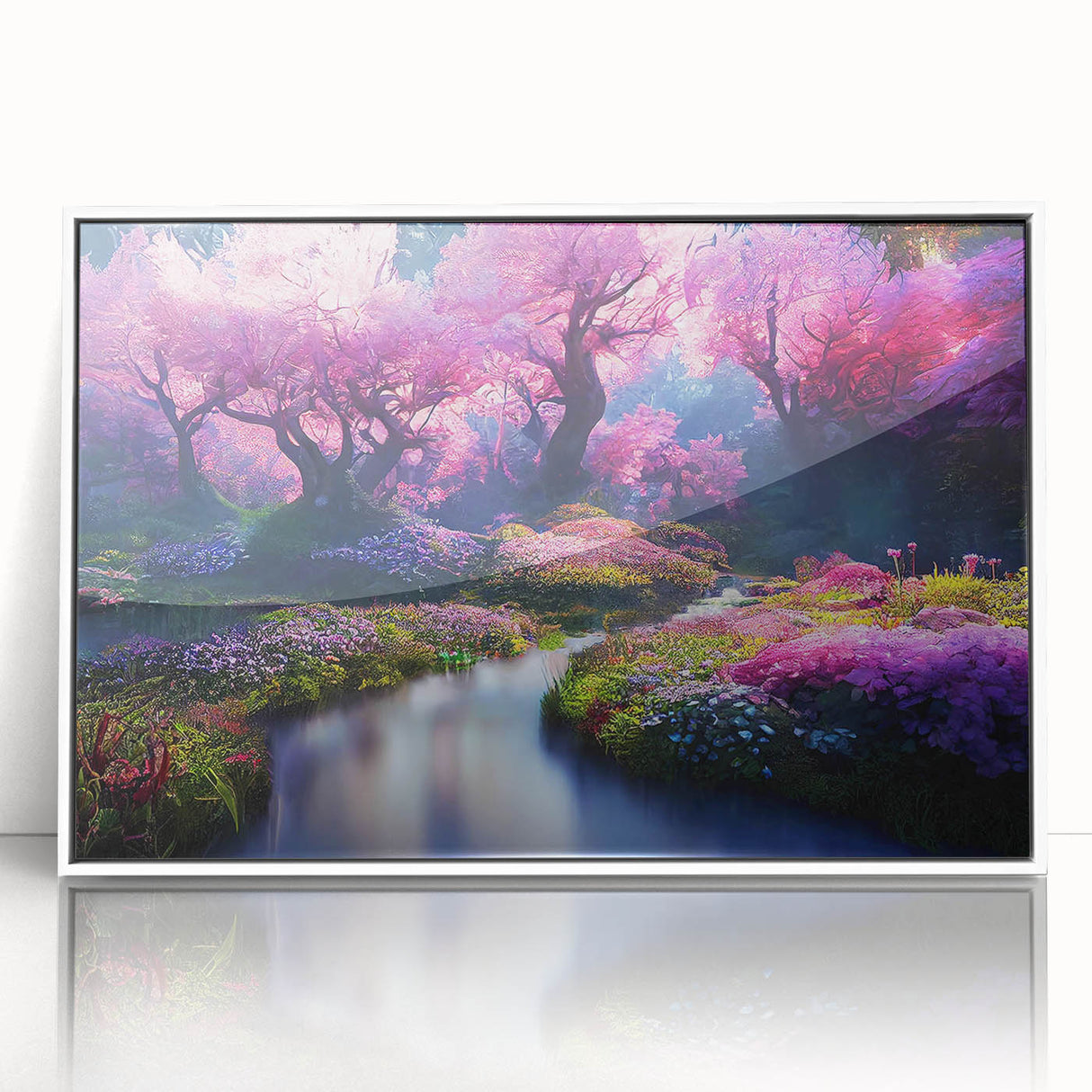 Framed acrylic wall art showcasing a vibrant landscape design with lush gardens, set against a white background, ideal for enhancing home decor aesthetics.